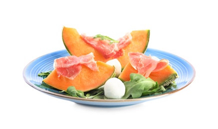 Photo of Fresh melon with prosciutto, mozzarella and arugula on white background