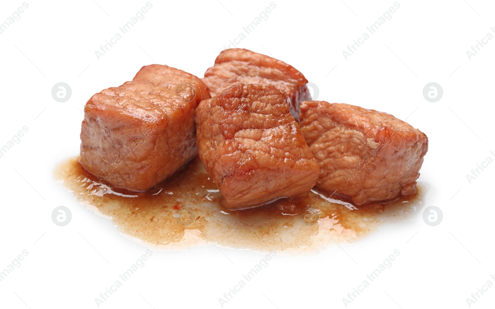 Photo of Pieces of delicious cooked beef isolated on white. Tasty goulash