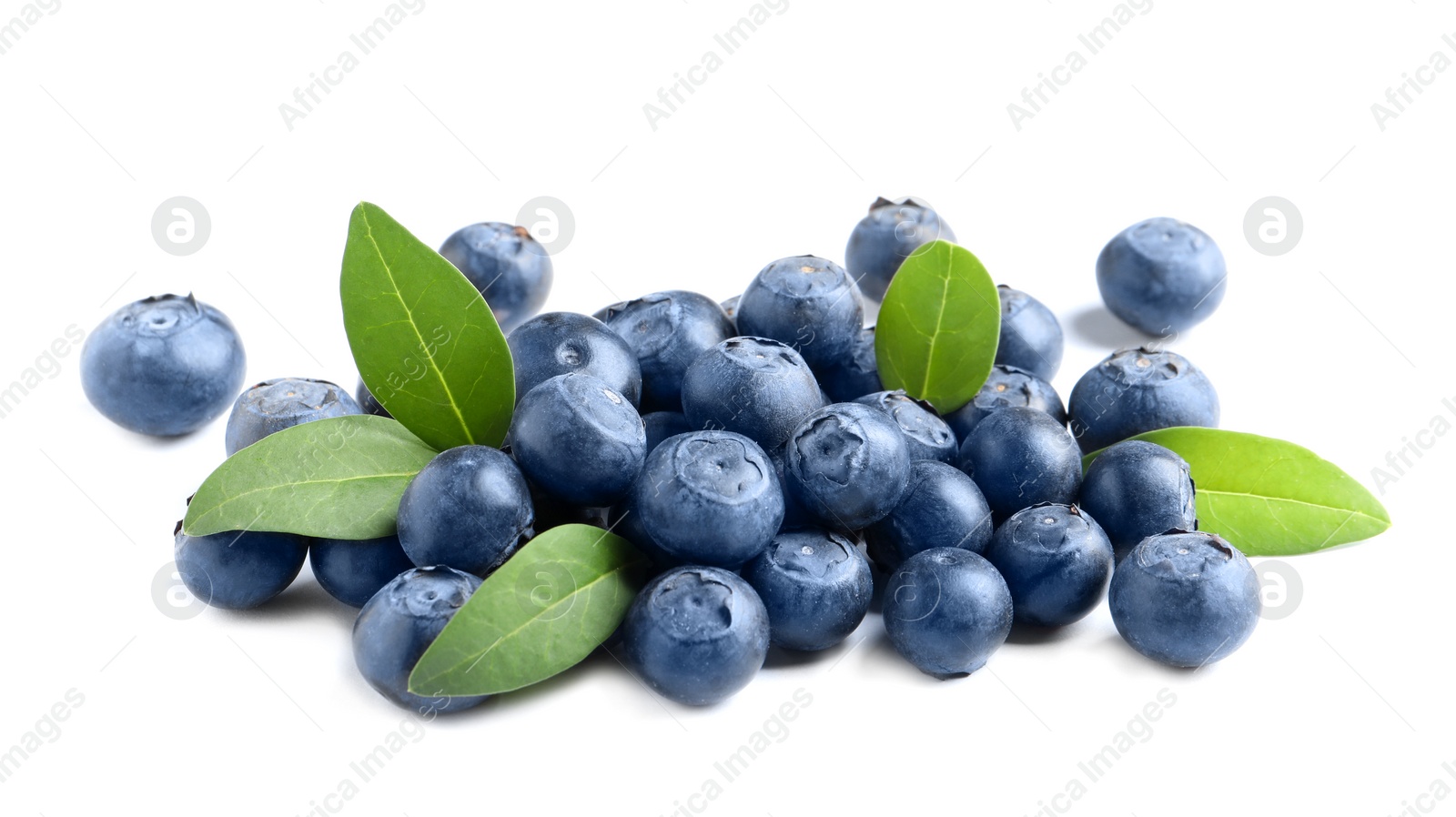 Photo of Fresh raw tasty blueberries with leaves isolated on white