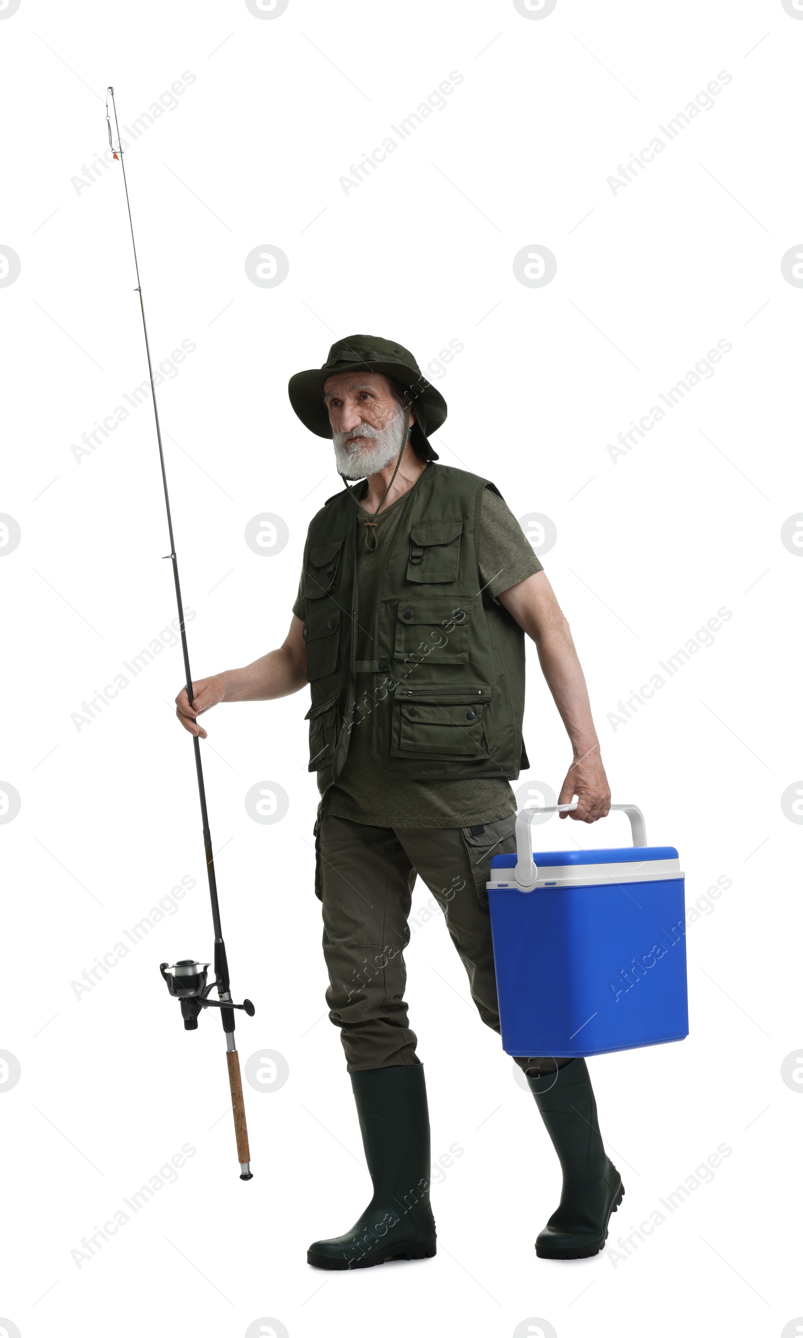 Photo of Fisherman with fishing rod and cool box isolated on white