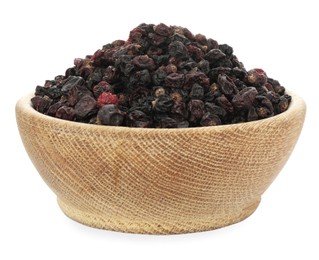 Photo of Bowl of tasty dried currants on white background