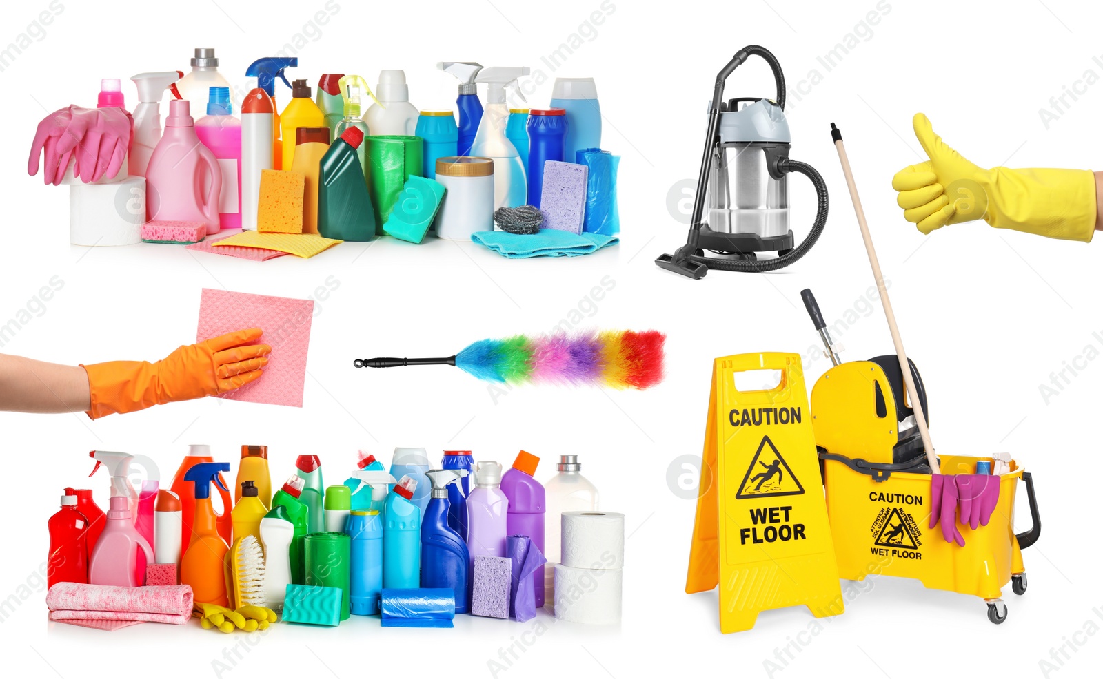 Image of Collage with photos of people holding cleaning supplies on white background, closeup