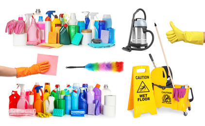 Image of Collage with photos of people holding cleaning supplies on white background, closeup