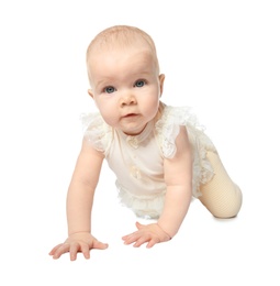 Photo of Cute little baby crawling on white background