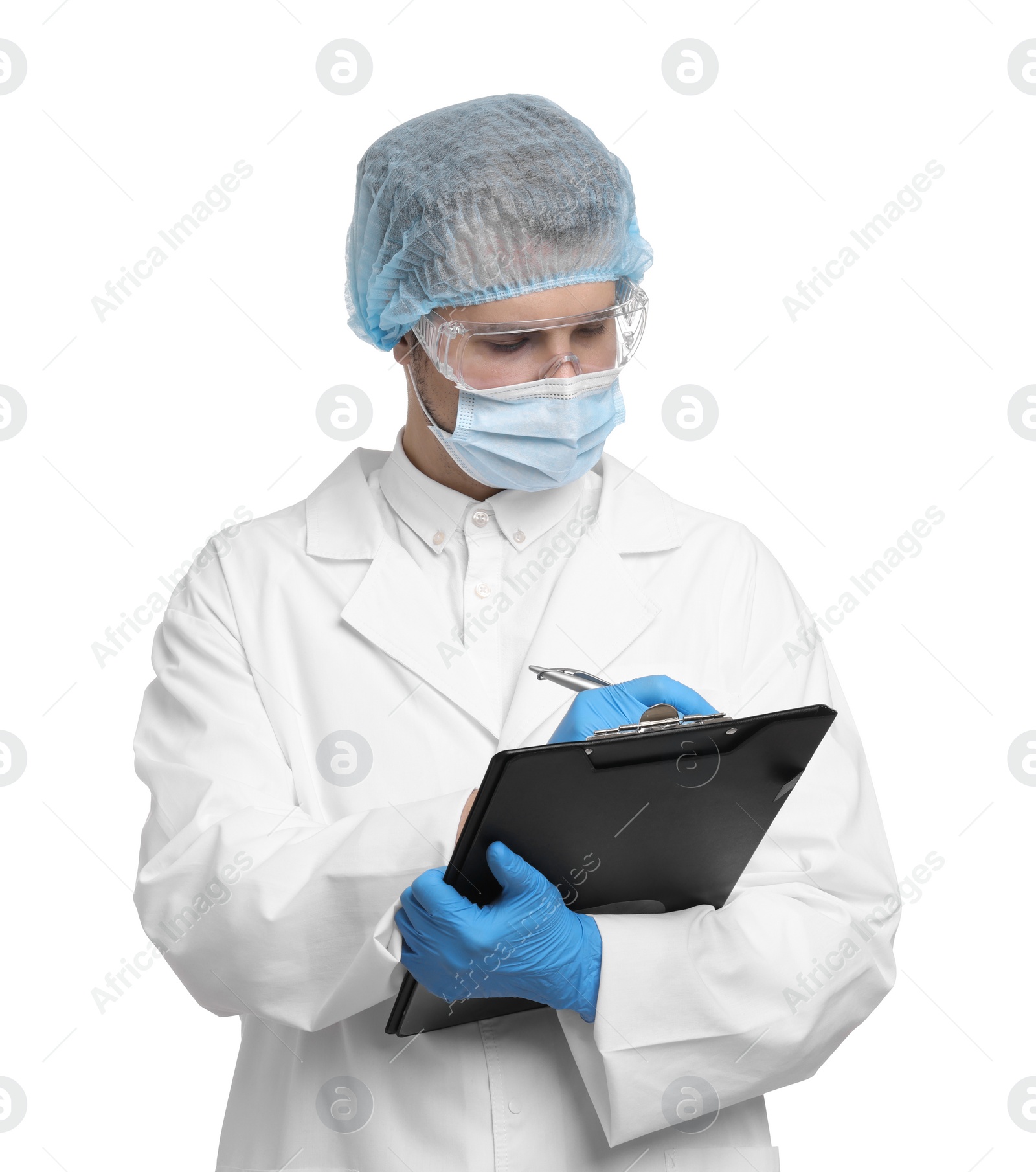 Photo of Quality control. Food inspector with clipboard on white background