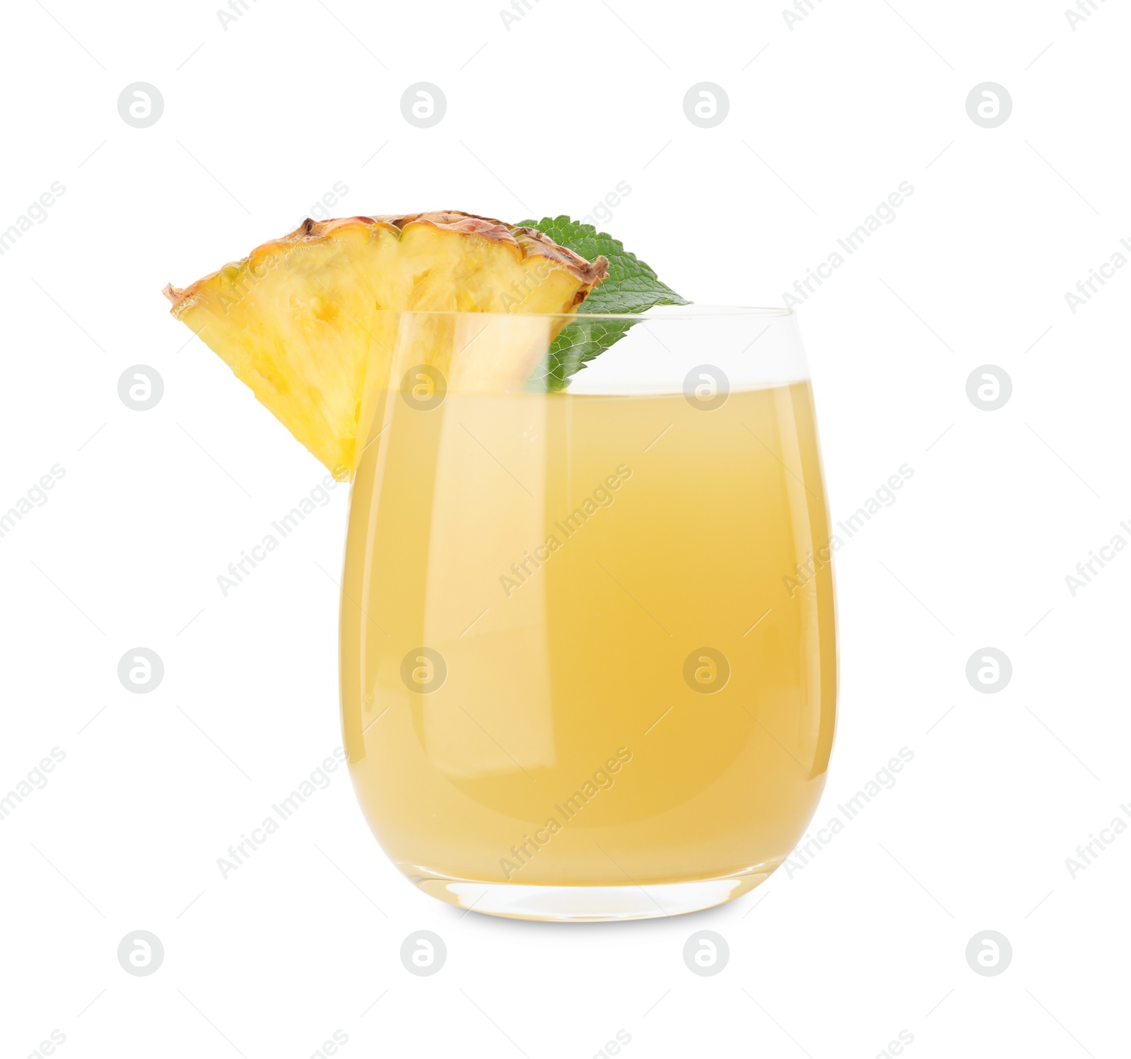 Photo of Delicious fresh pineapple juice with mint isolated on white