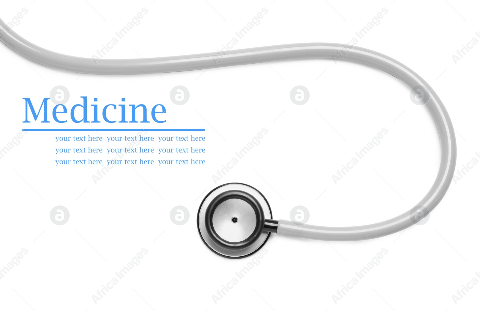 Image of Stethoscope on white background, top view. Space for text