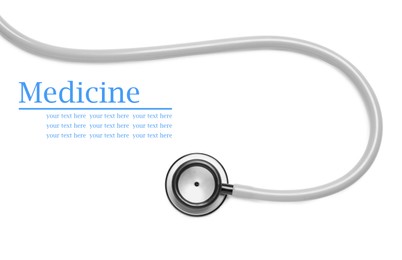 Image of Stethoscope on white background, top view. Space for text