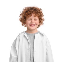 Portrait of little boy in medical uniform on white background