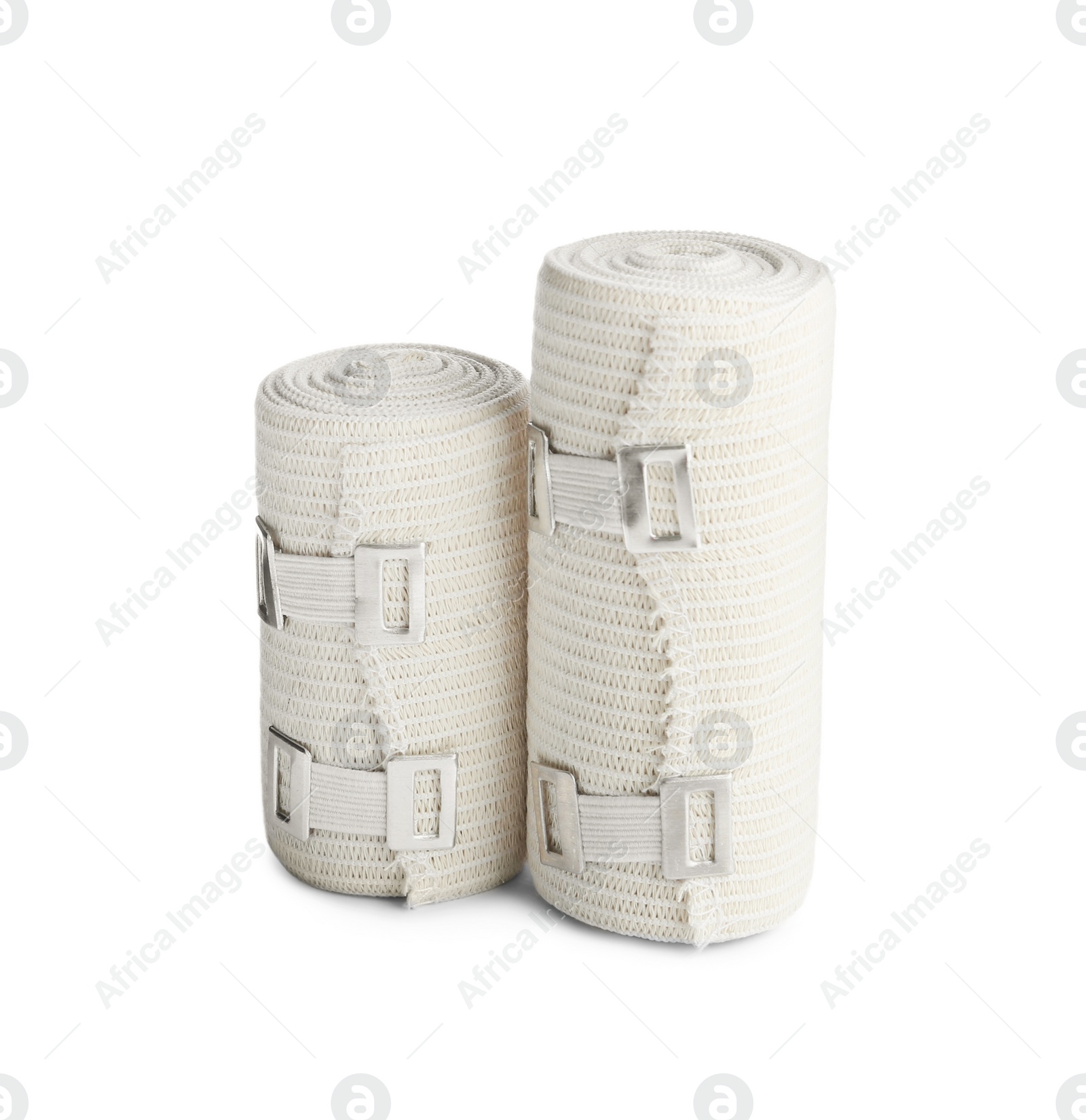 Photo of Medical bandage rolls on white background. First aid items