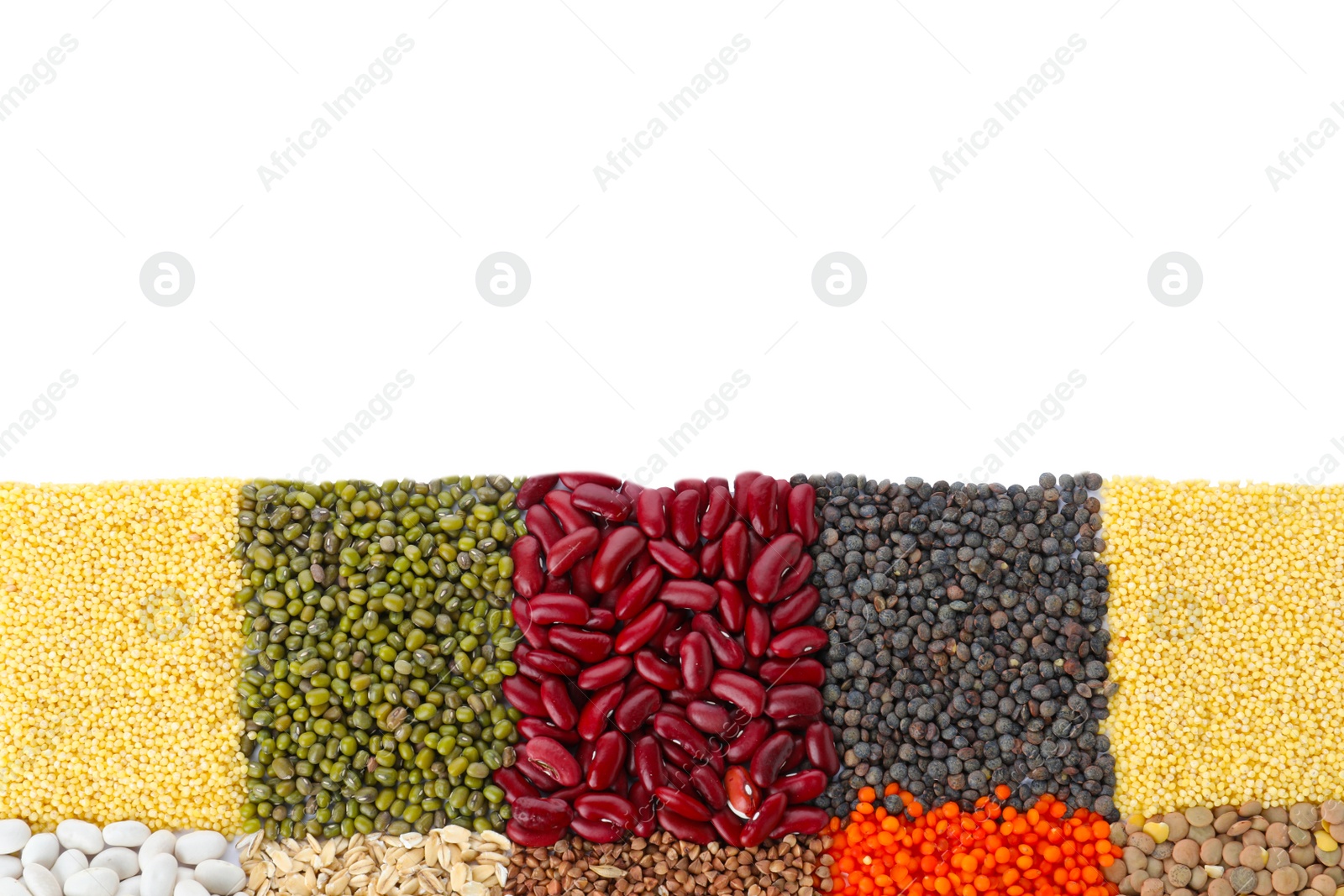 Photo of Different grains and cereals isolated on white, top view