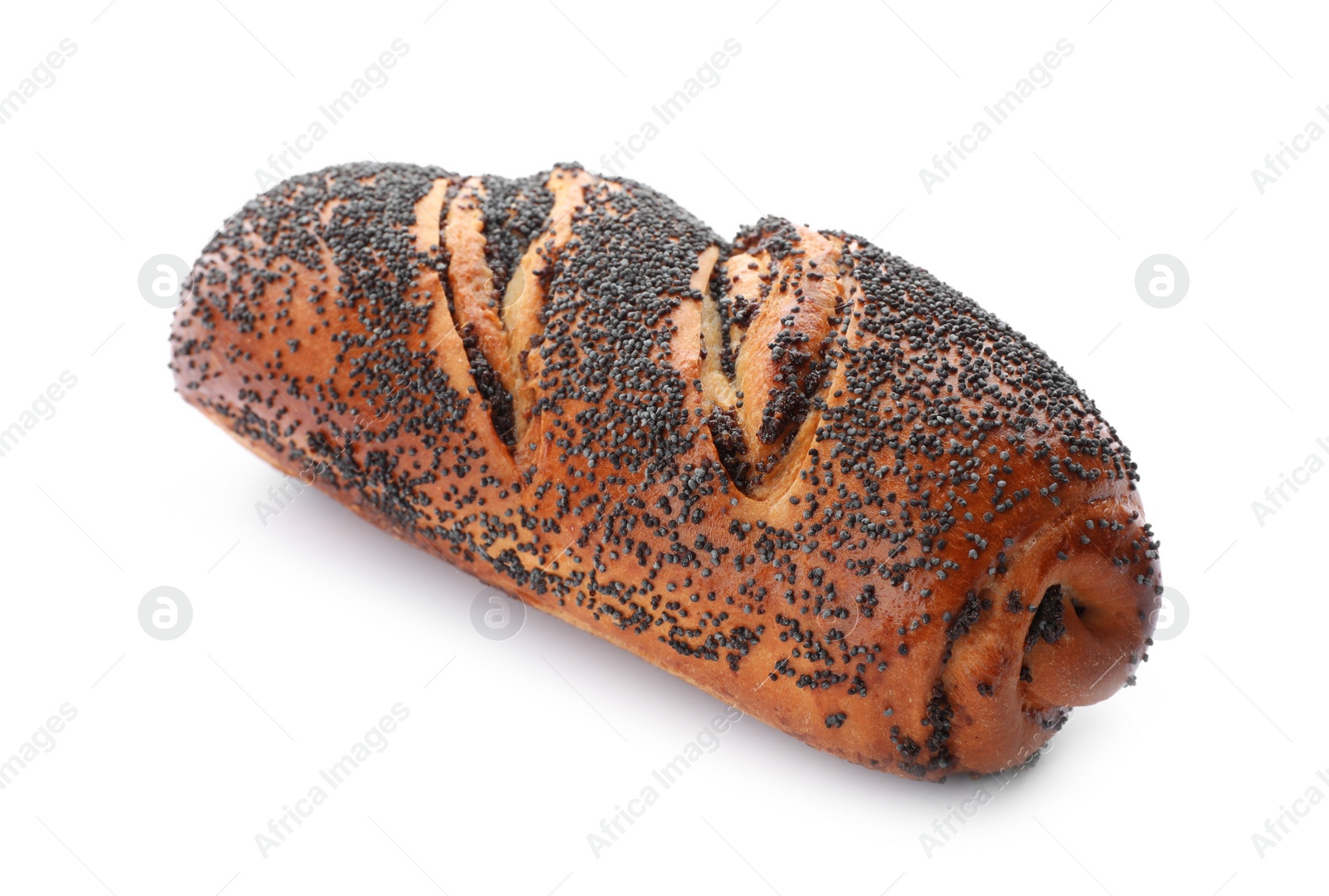 Photo of Freshly baked poppy seed roll isolated on white