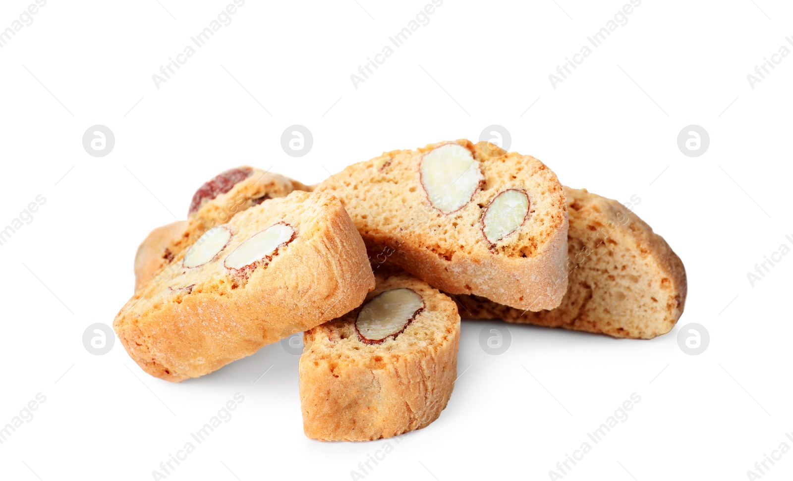 Photo of Slices of tasty cantucci on white background. Traditional Italian almond biscuits