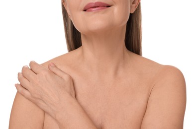 Mature woman with healthy skin on white background, closeup