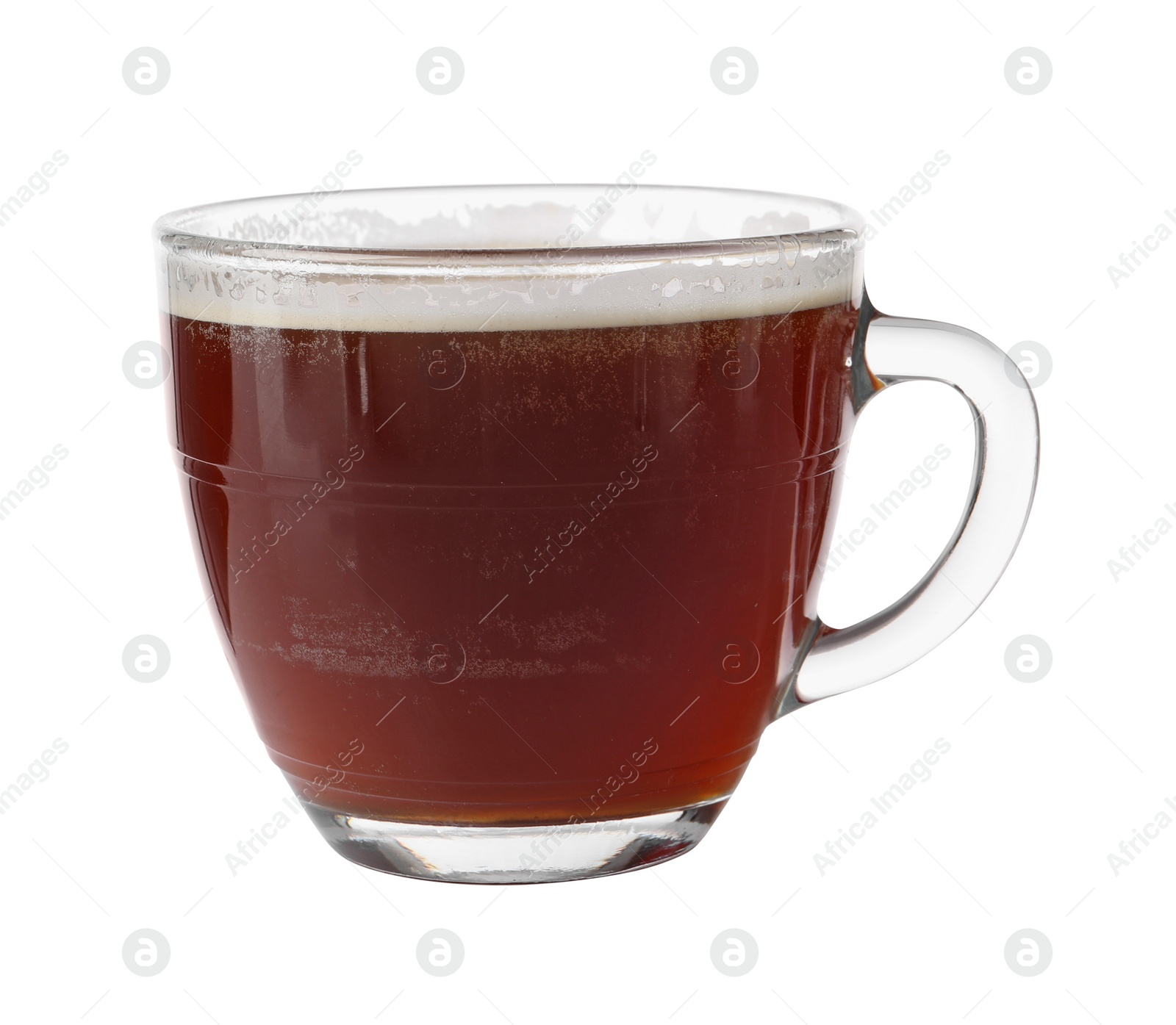 Photo of Aromatic coffee in glass cup isolated on white