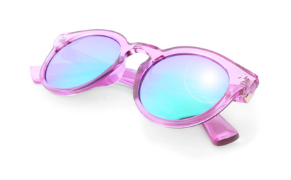 Image of Beautiful sunglasses on white background. Beach object
