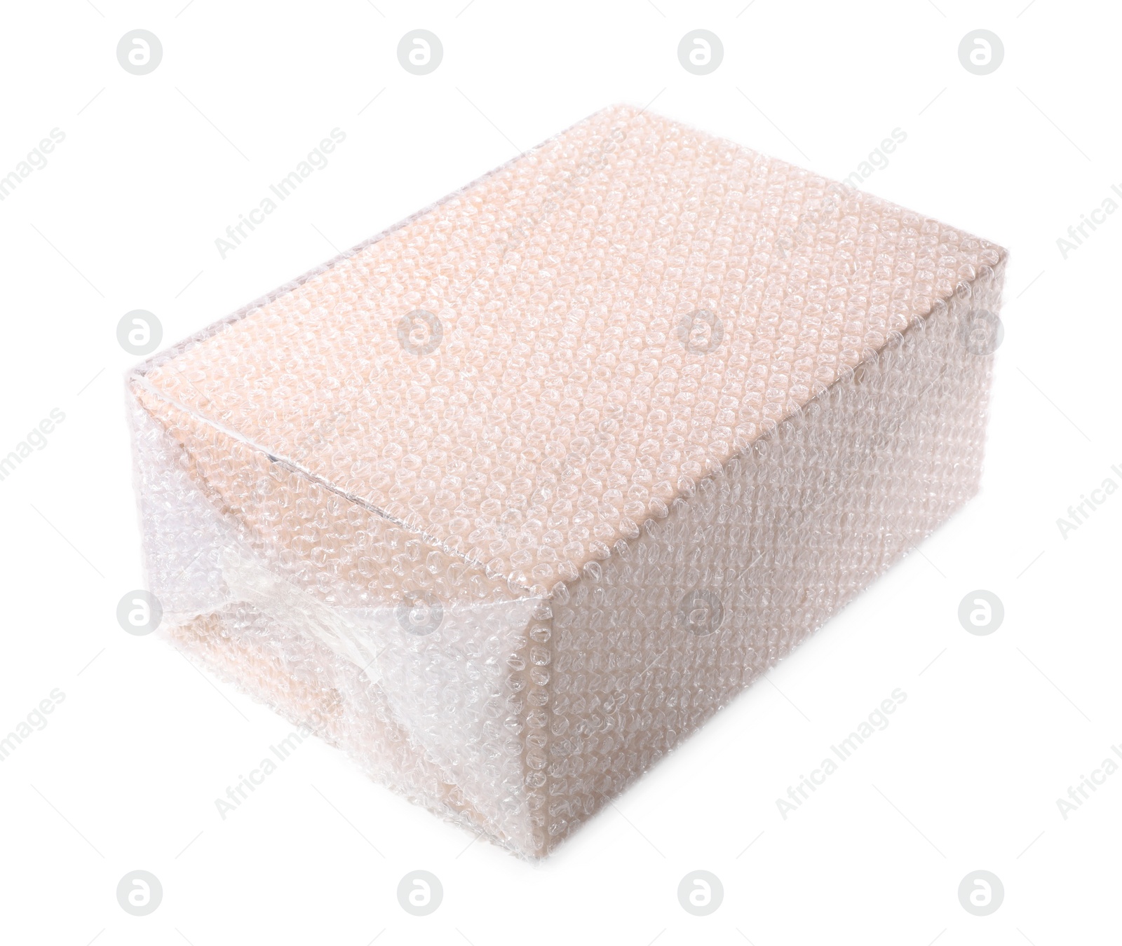 Photo of Cardboard box packed in bubble wrap isolated on white