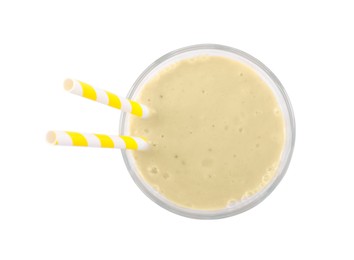Glass with banana smoothie on white background, top view