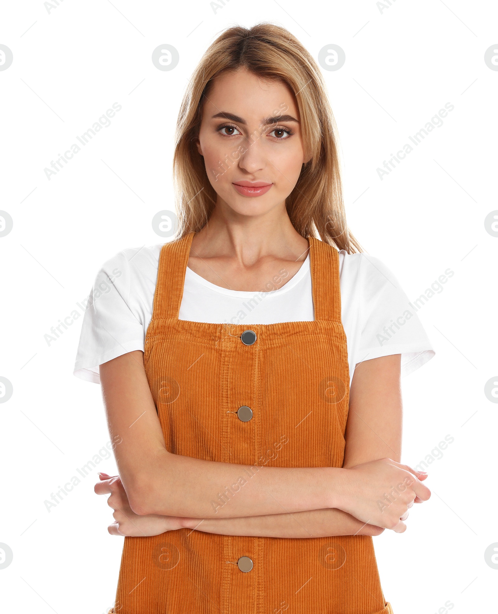 Photo of Beautiful young woman posing on white background