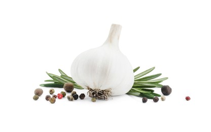 Fresh garlic bulb, peppercorns and rosemary isolated on white