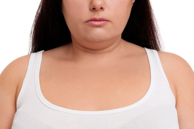 Photo of Woman with double chin on white background, closeup
