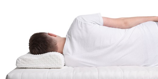 Photo of Man sleeping on orthopedic pillow against white background