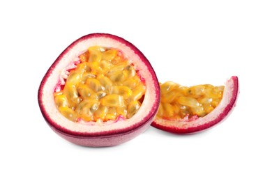 Photo of Cut ripe passion fruit isolated on white