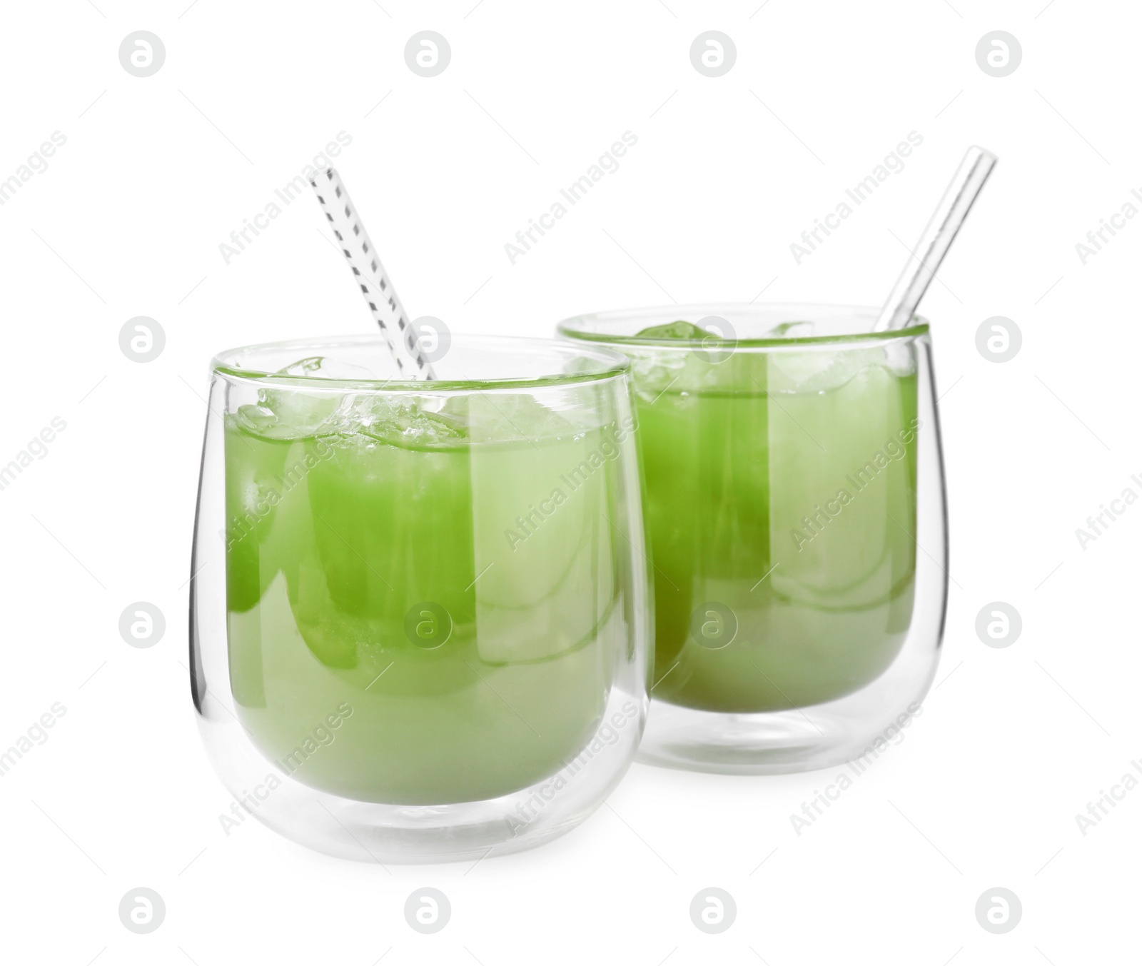 Photo of Delicious iced green matcha tea isolated on white