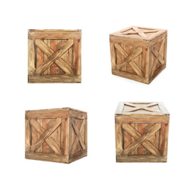 Image of Set of old closed wooden crates on white background