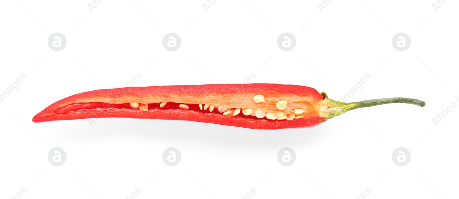 Photo of Slice of ripe chili pepper on white background, top view