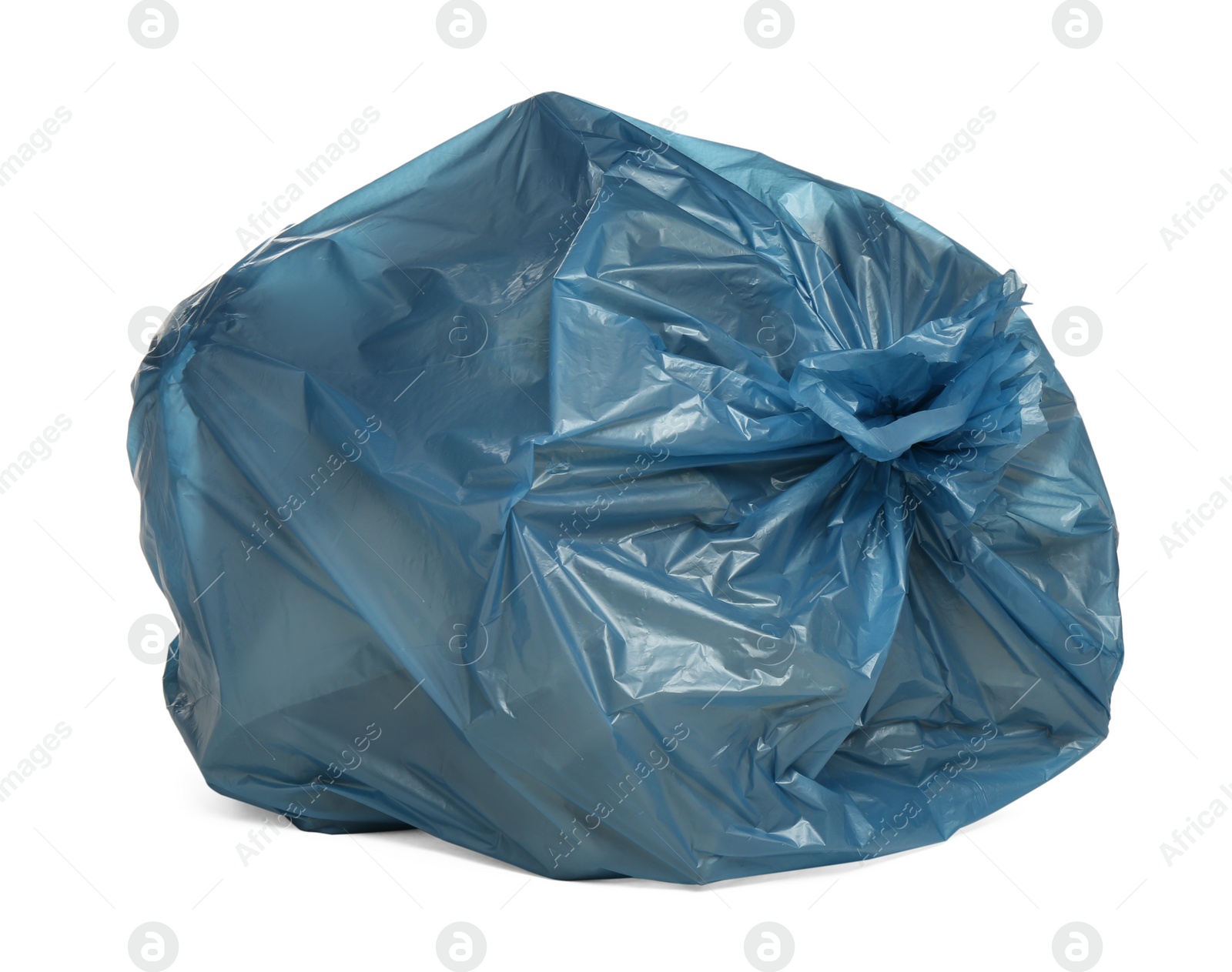 Photo of Blue trash bag filled with garbage isolated on white