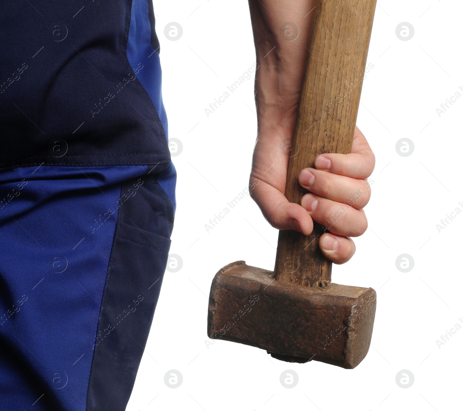 Photo of Man with sledgehammer on white background, closeup