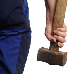 Man with sledgehammer on white background, closeup