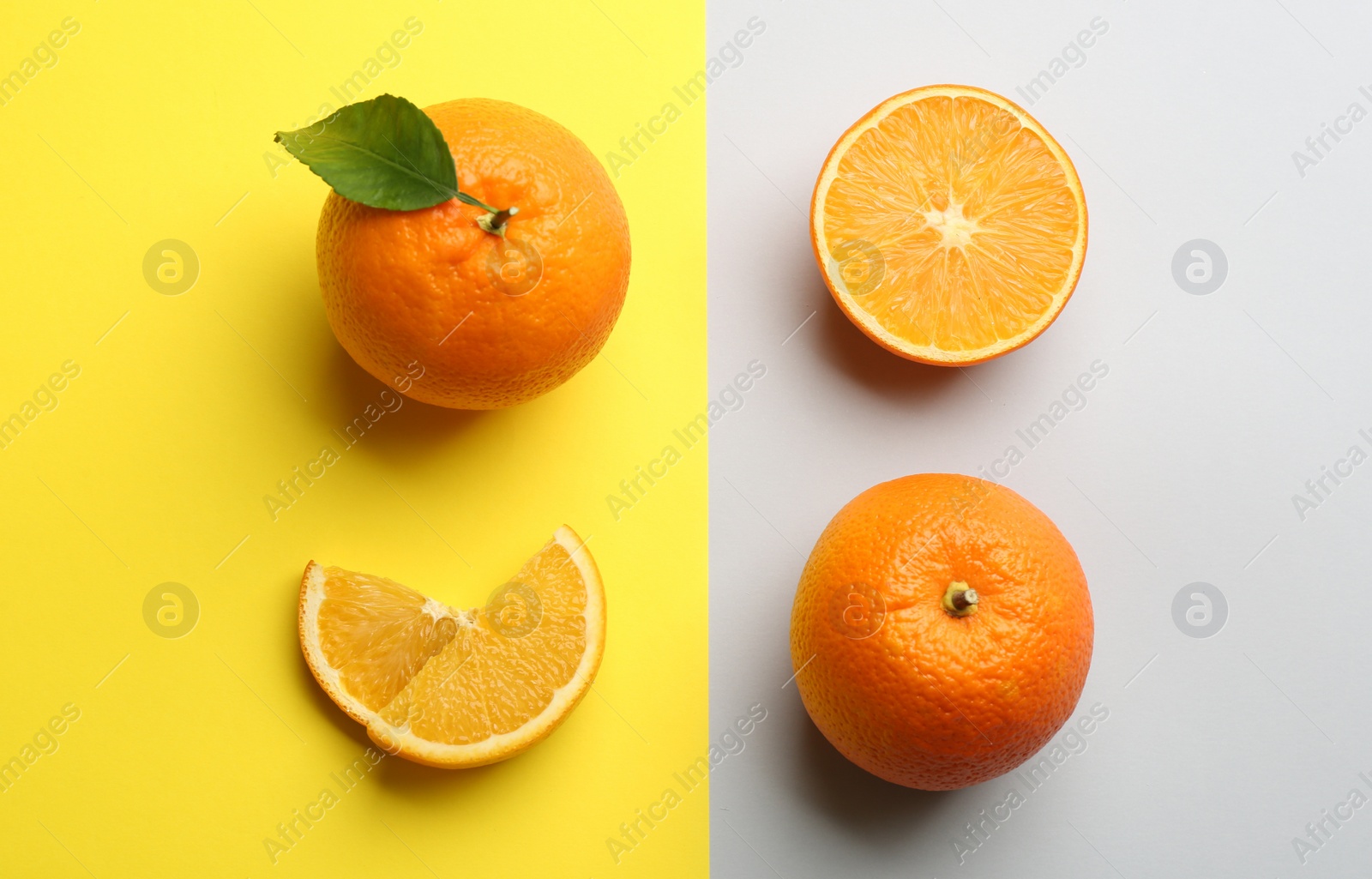 Photo of Delicious oranges on color background, flat lay