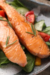 Healthy meal. Tasty grilled salmon with vegetables and spinach on plate, closeup