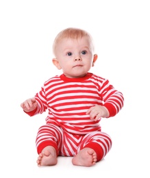 Photo of Cute baby in bright pajamas on white background