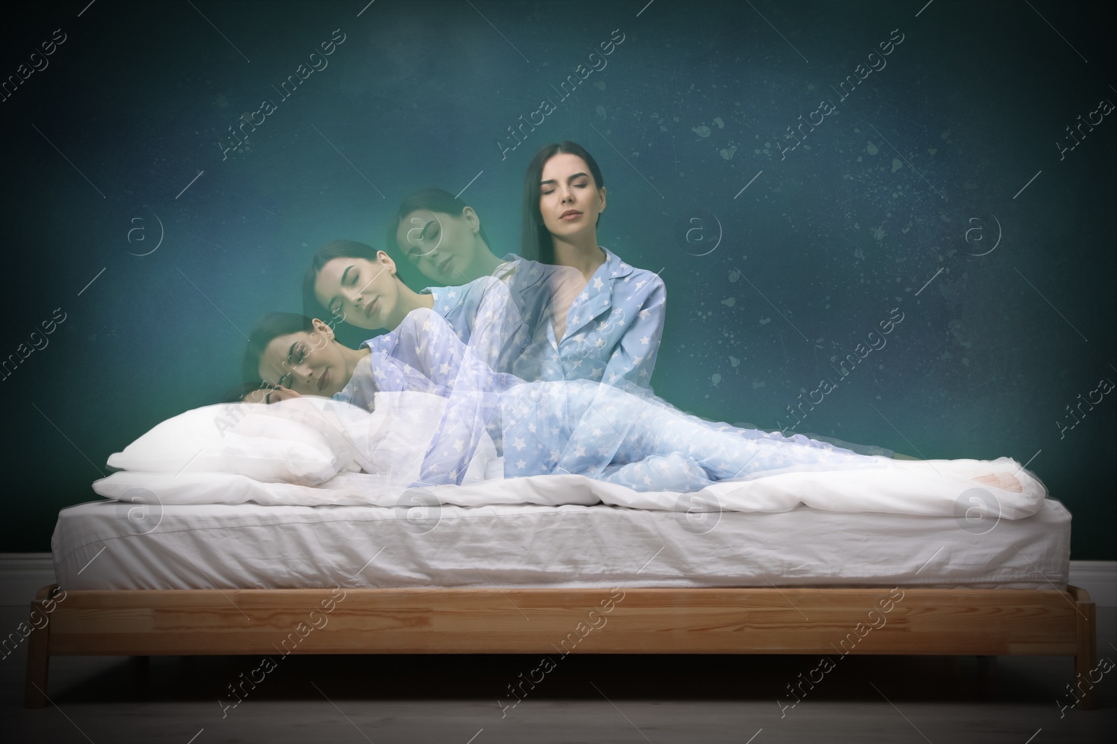 Image of Somnambulist rising from bed near dark wall indoors, multiple exposure. Sleepwalking