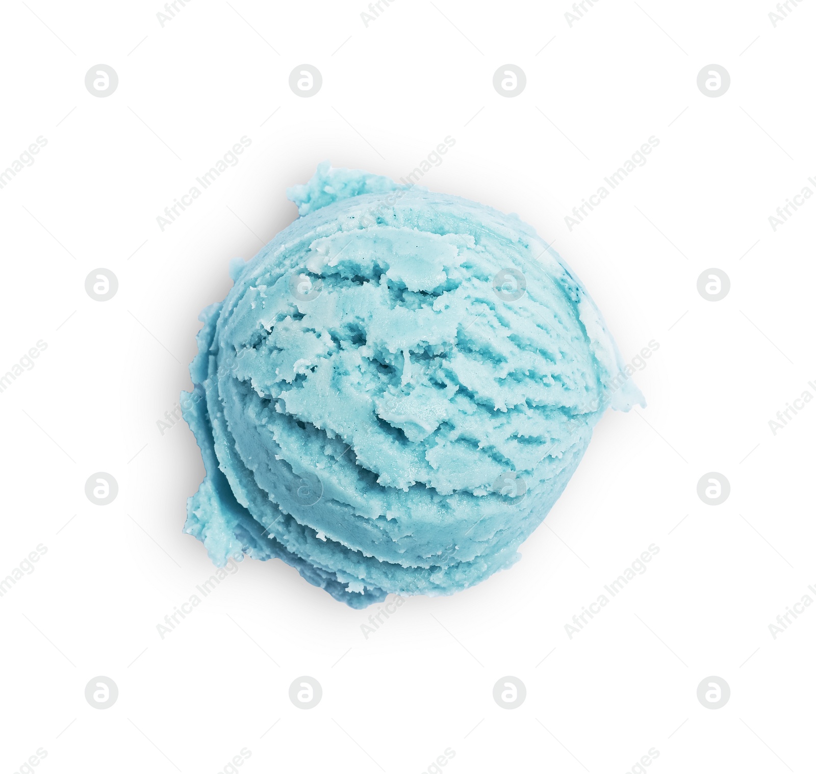 Photo of Scoop of tasty light blue ice cream isolated on white, top view