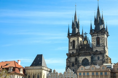 PRAGUE, CZECH REPUBLIC - APRIL 25, 2019: Church of our Lady before Tyn against blue sky