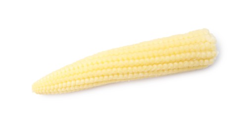 Photo of Tasty fresh yellow baby corn isolated on white, top view