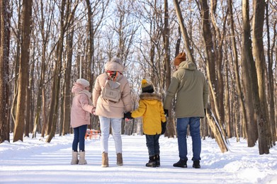 Photo of Family walking in sunny snowy forest, back view