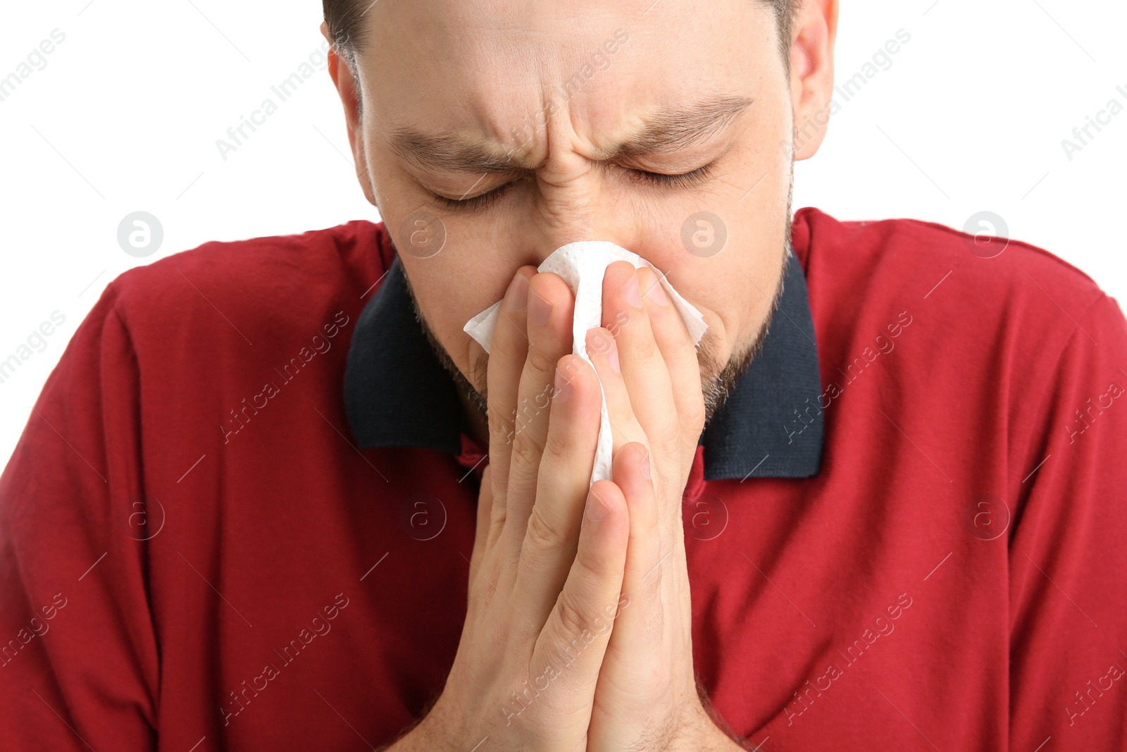 Photo of Man suffering from cold on white background, closeup