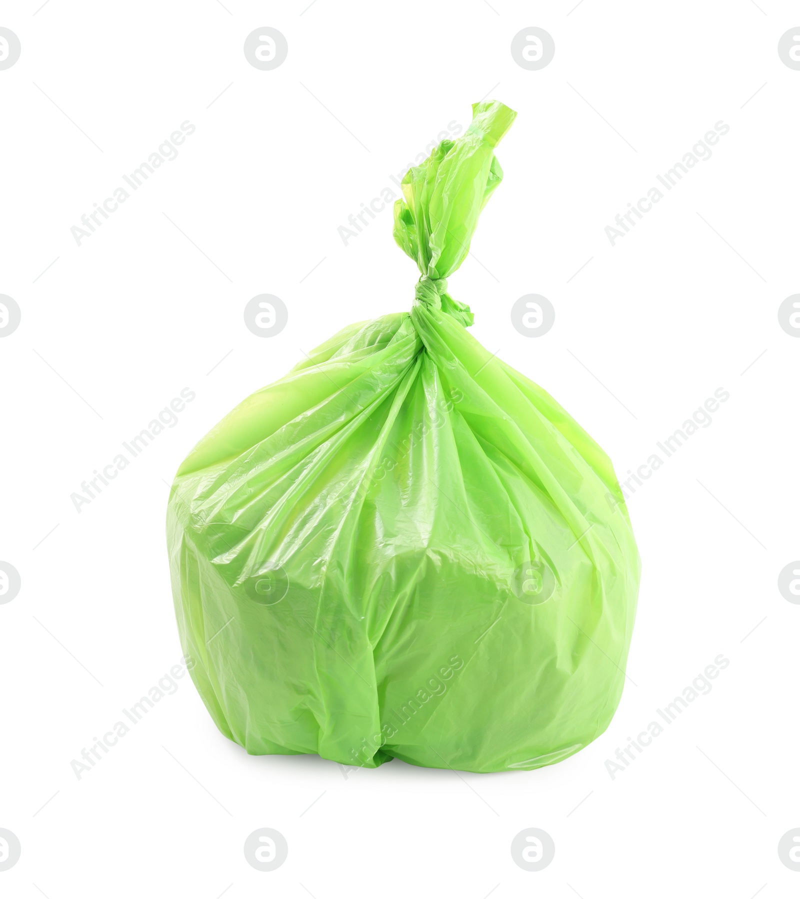 Photo of Green plastic garbage bag isolated on white