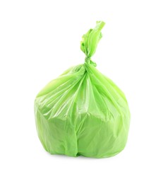 Photo of Green plastic garbage bag isolated on white