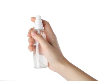 Woman holding micellar water in bottle on white background
