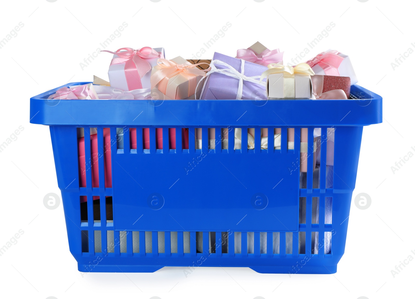 Photo of Blue shopping basket with different gifts on white background