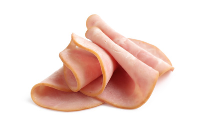 Photo of Slices of tasty fresh ham isolated on white