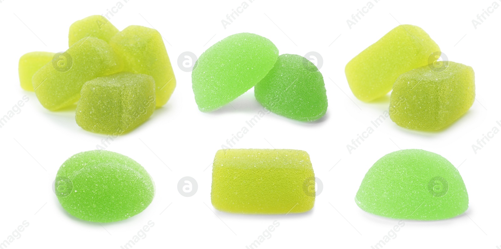 Image of Set of green jelly candies on white background. Banner design