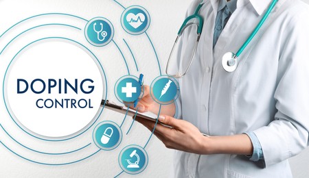 Image of Doping control. Virtual icons and doctor with clipboard on light background, closeup