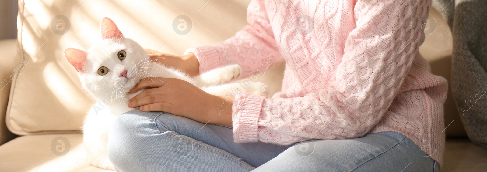 Image of Young woman with her beautiful white cat at home, closeup. Banner design